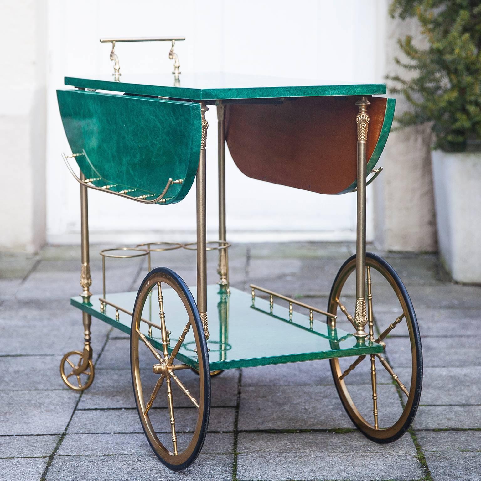 Aldo Tura Green Goatskin Bar Cart Fold-Up Sides In Excellent Condition In Munich, DE