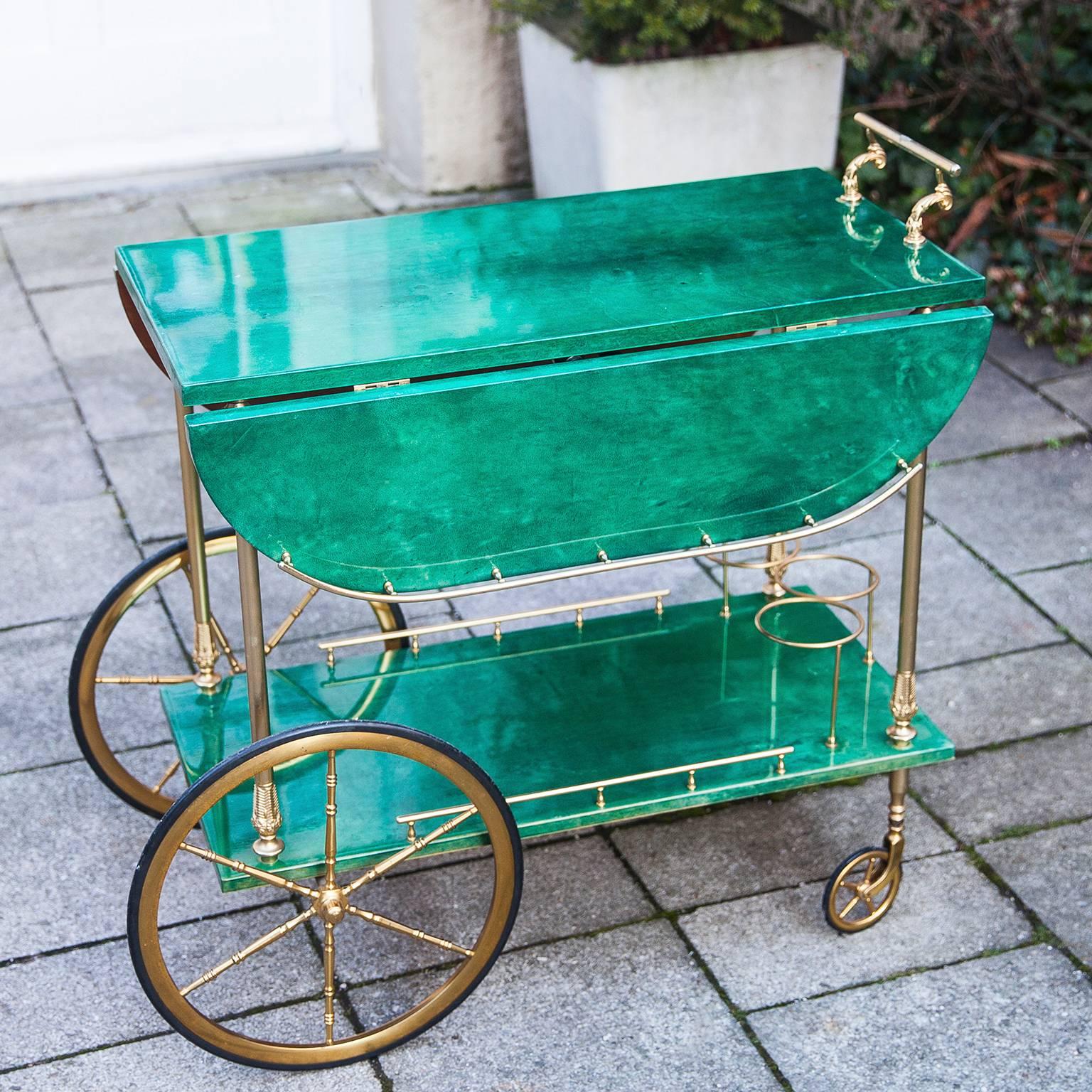 Aldo Tura Green Goatskin Bar Cart Fold-Up Sides 1