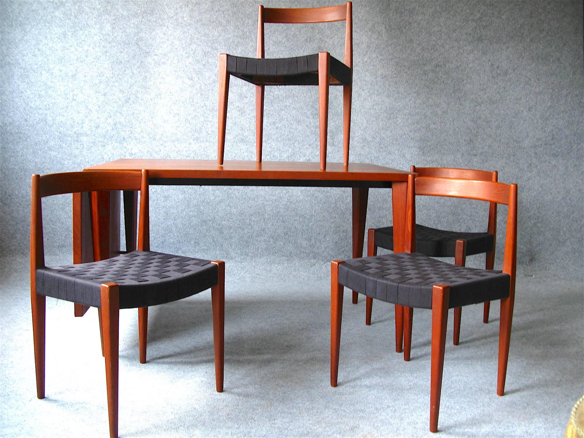 Nanna  & Jørgen Ditzel

Four chairs Model PKS 110 and One Table model PKS 144 with one side dropleaf  out of Teak made by Poul Kolds Savværk.

dimensions: table Tisch 70 x 120 /170 x 80 cm chairs: 70 x 43 x 40 cm

Lit.: Neue Form aus
