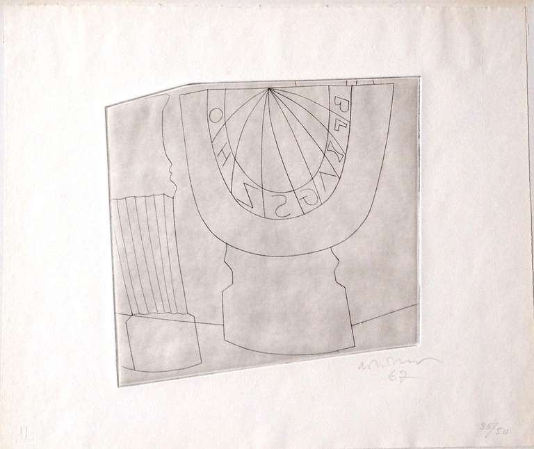 Ben Nicholson (1894-1982) UK 

Original etching 1967, signed, dated 1967, numbered 35/50 in pencil by hand.
The paper bears the dry stamp (chopmark) of the printer François Lafranca, Lugano.

Motiv: Turkish Sundial and Column, 1967

Number 35
