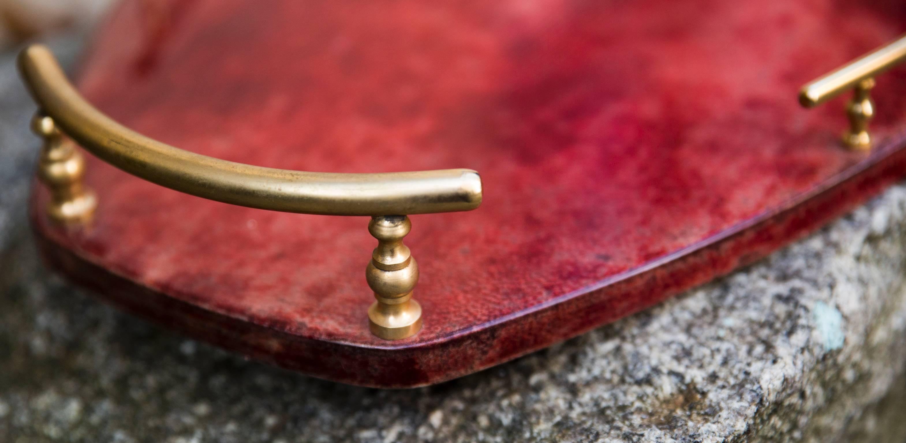 Italian Aldo Tura Serving Tray Red Goatskin