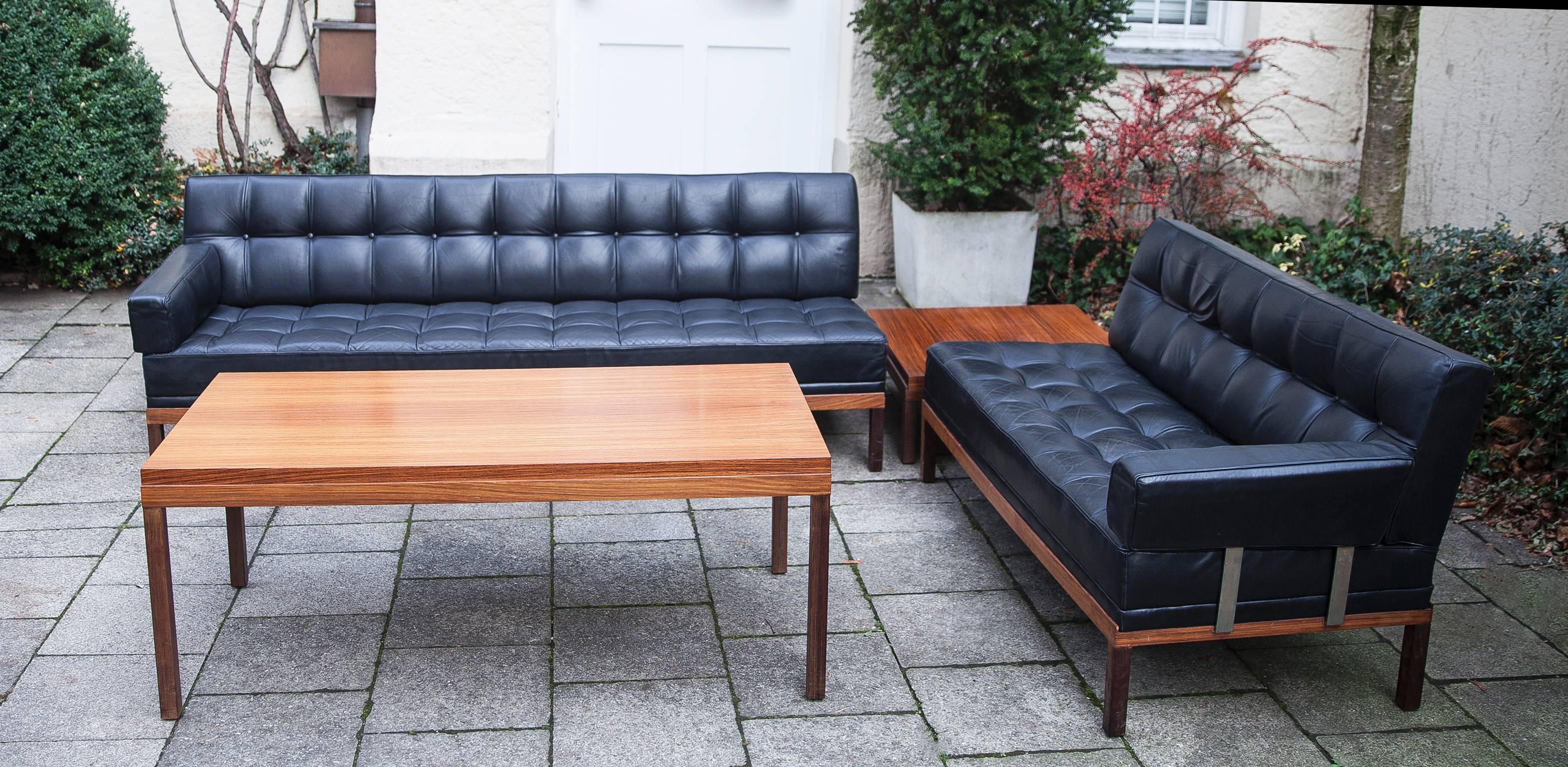 Ultra rare sofa living room set from by Johannes Spalt 1961 and made by Wittmann, Austria. The set includes a three-seat sofa which changing in a daybed, a two-seat sofa, two removable arm rests, a teak coffee table and a teak end