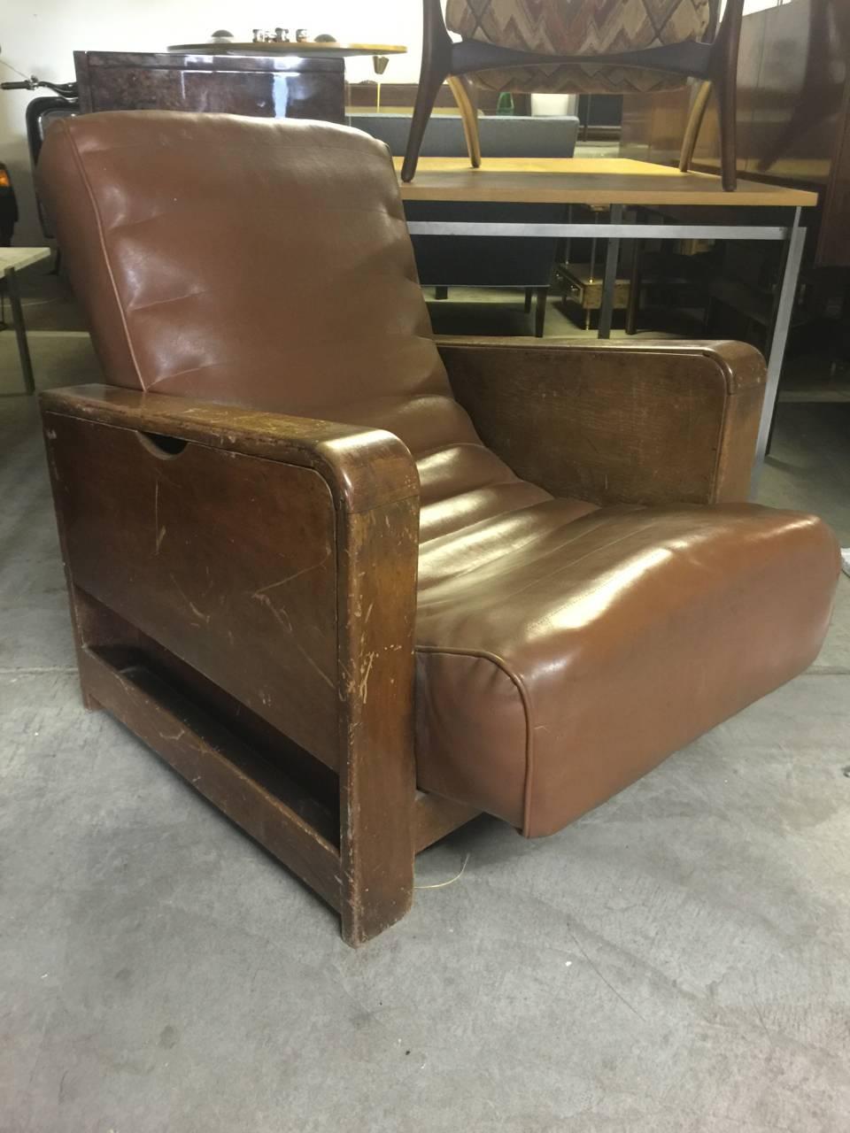 Mid-20th Century British Lounge Chair with Magazine Storage and Fold Out Sidetable