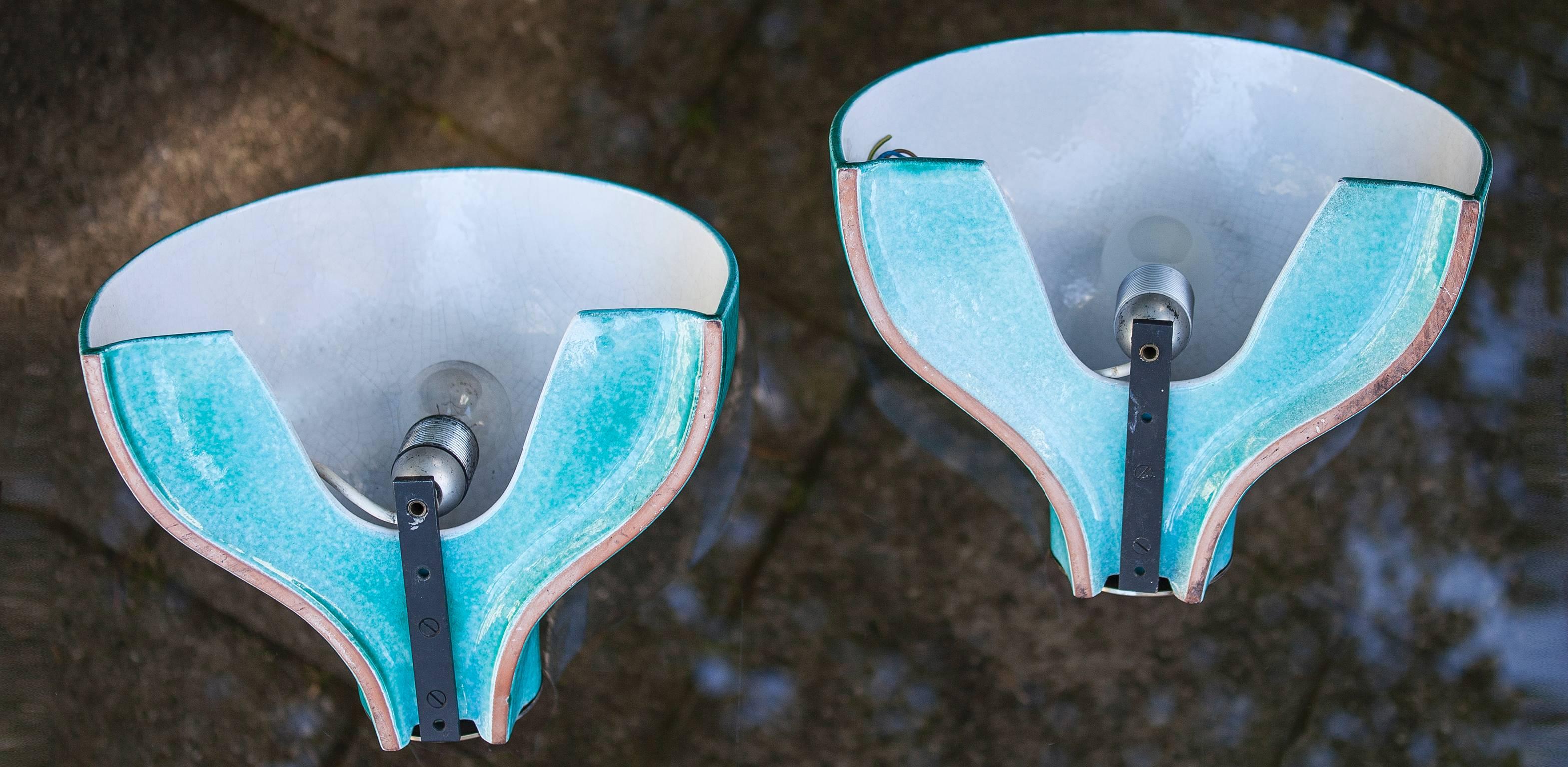 Mid-Century Modern Two Turquoise Ceramic Wall Sconces, Italy, 1970