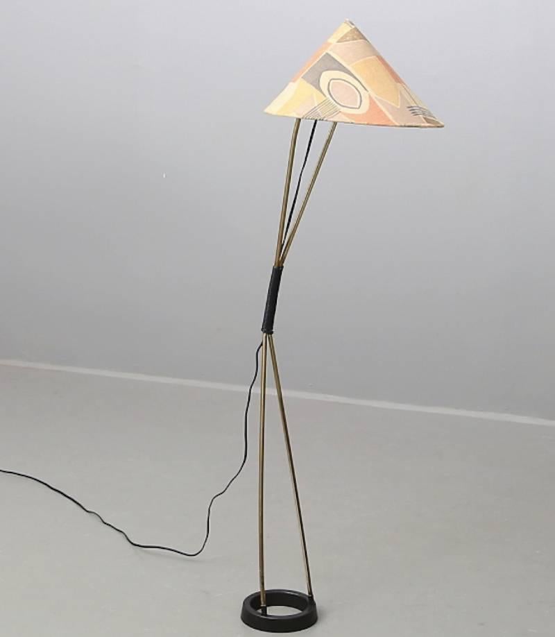 Wonderful Austrian floor lamp. Brass, iron and " chinese hat " lamp shade.