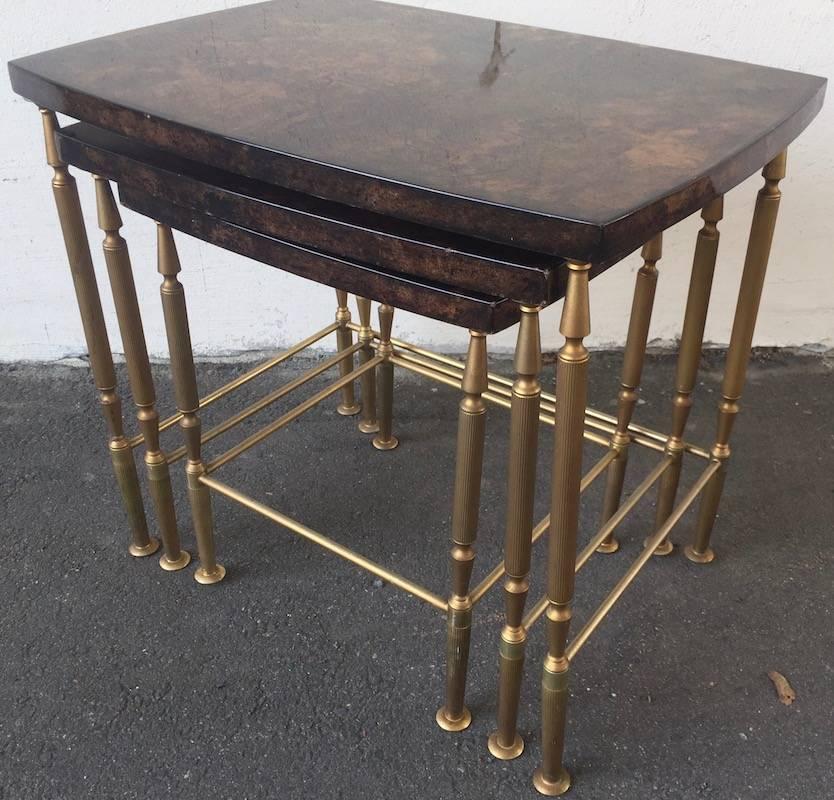 Brass Rare Set of Aldo Tura Stacking Tables For Sale