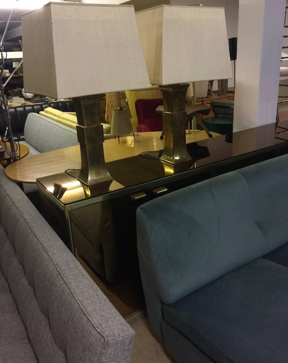 Wonderful French Pair of Huge and Massive Brass Table Lamps with Silk Shades 2