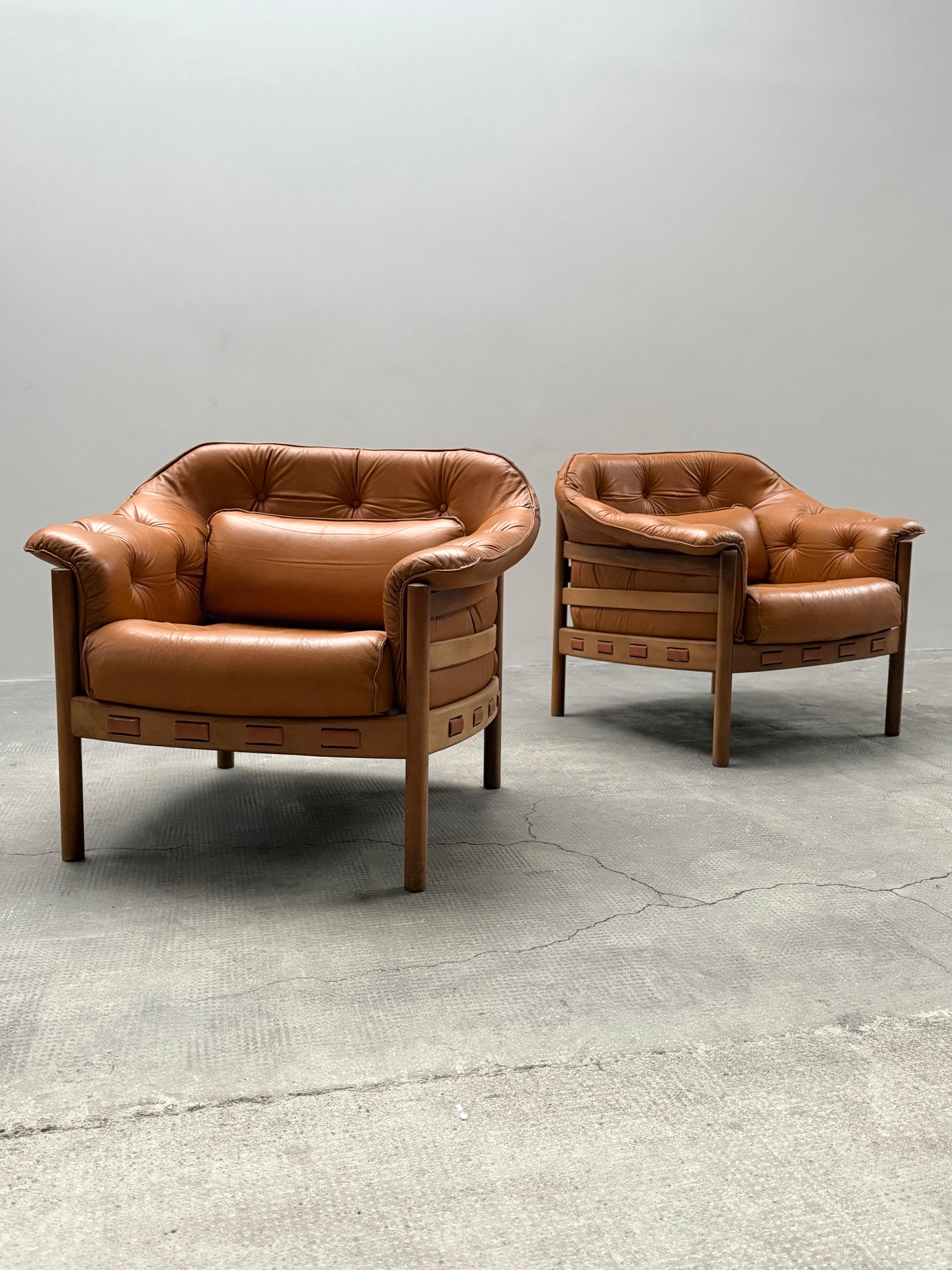 2er Set Sven Ellekaer für Coja Sessel Teak Cognac Leder, Niederlande 1960er Moderno de mediados de siglo en venta