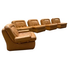 DREIPUNKT MODULAR SECTIONAL SOFA ARMCHAIRS LEATHER YELLOW, GERMANY 1970s