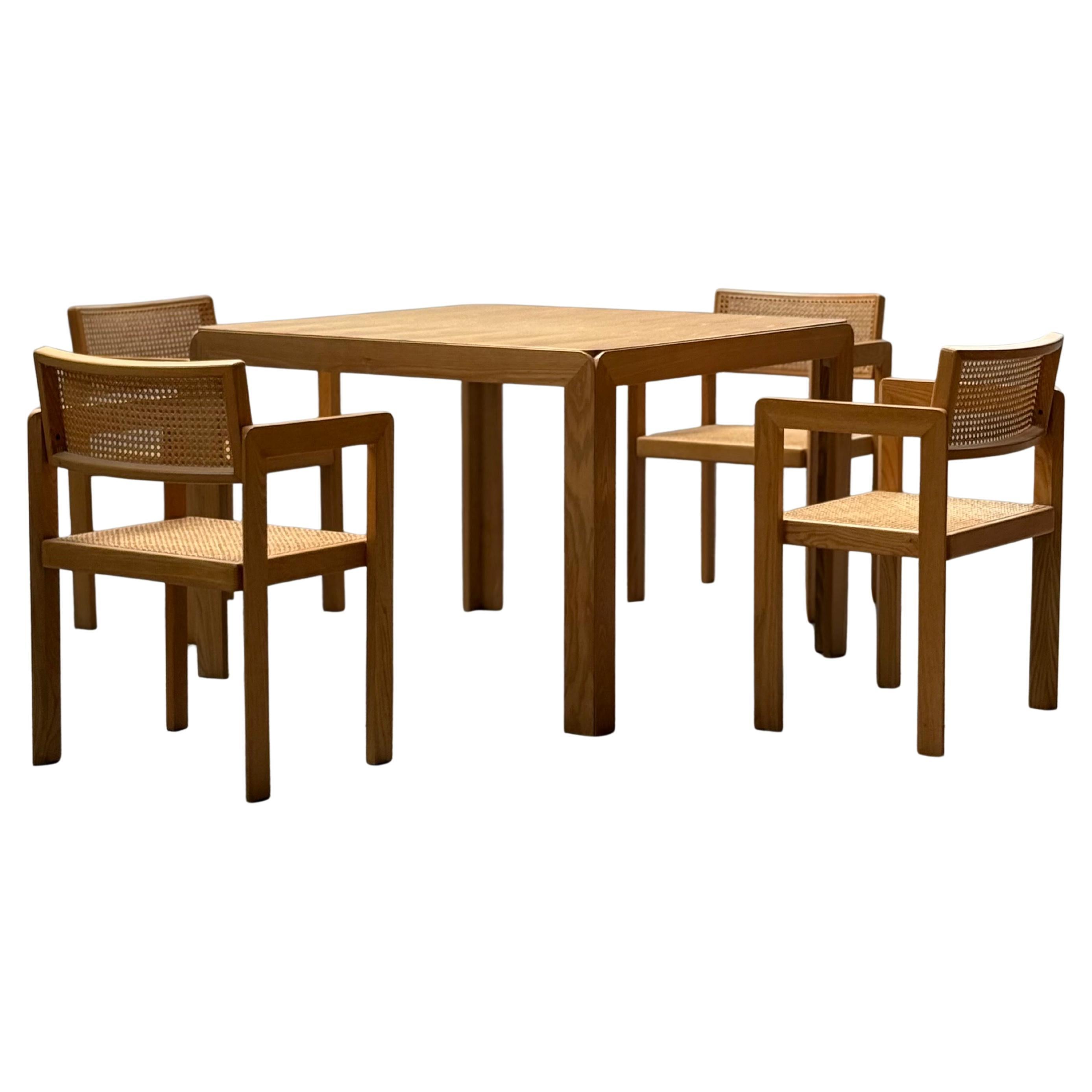 DERK JAN DE VRIES MAISA DE SEVESO TABLE DE DINING SET CHAIRS WOOD RATTAN, ITALY 60s