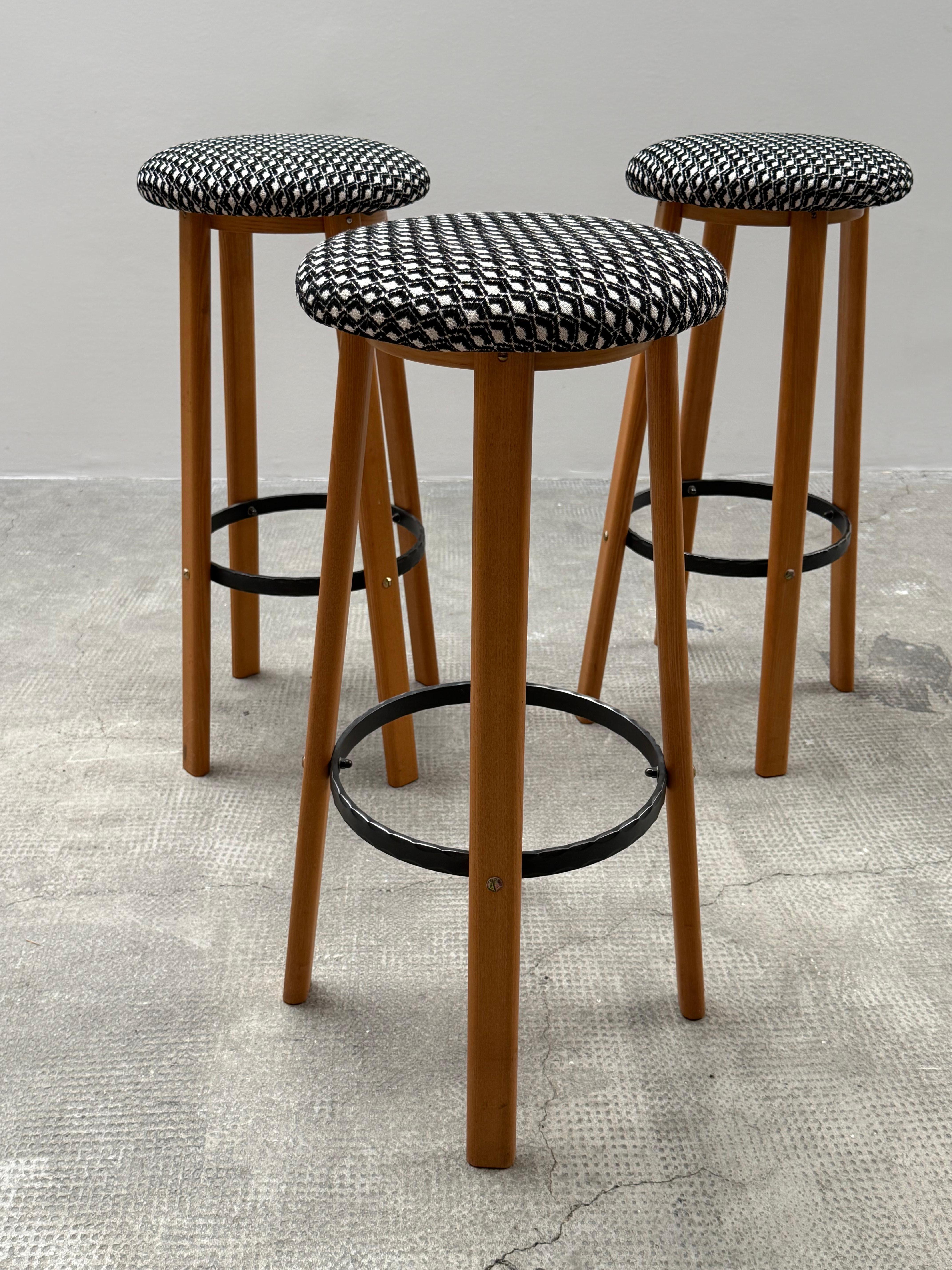 SET OF 3 BAR STOOLS ASH WOOD WROUGHT IRON, GERMANY 1970s For Sale 2