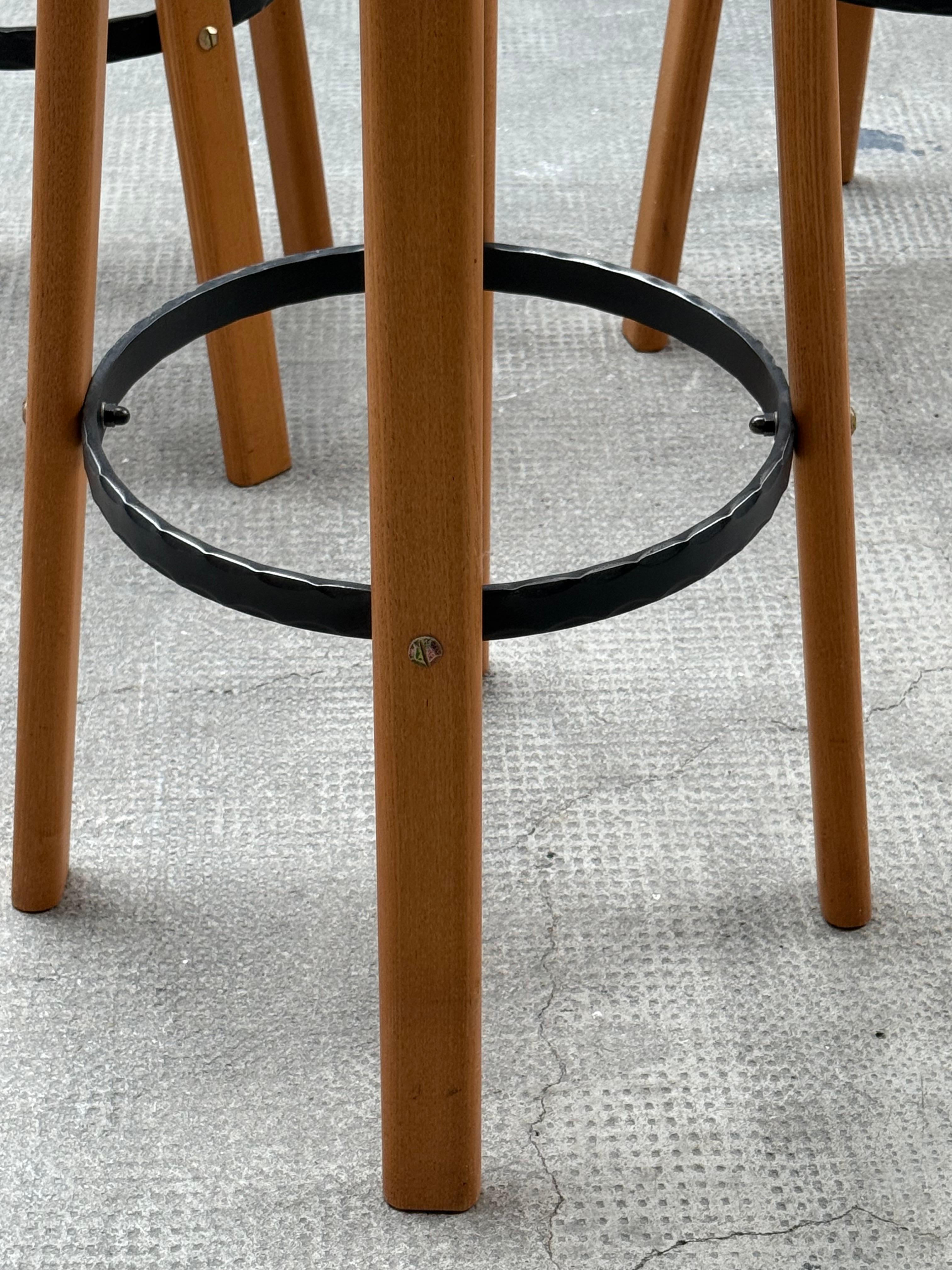 SET OF 3 BAR STOOLS ASH WOOD WROUGHT IRON, GERMANY 1970s For Sale 7