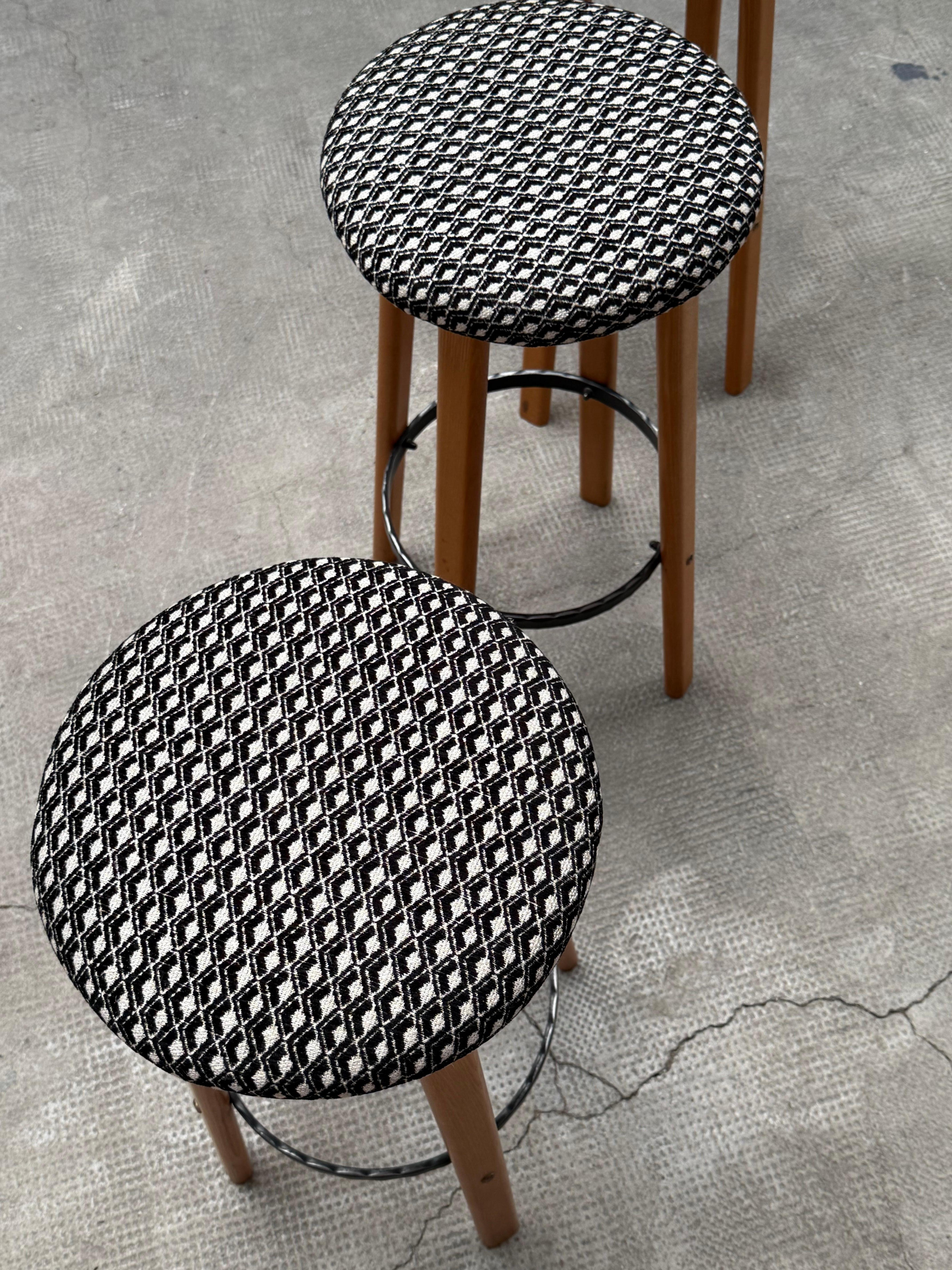 SET OF 3 BAR STOOLS ASH WOOD WROUGHT IRON, GERMANY 1970s For Sale 9