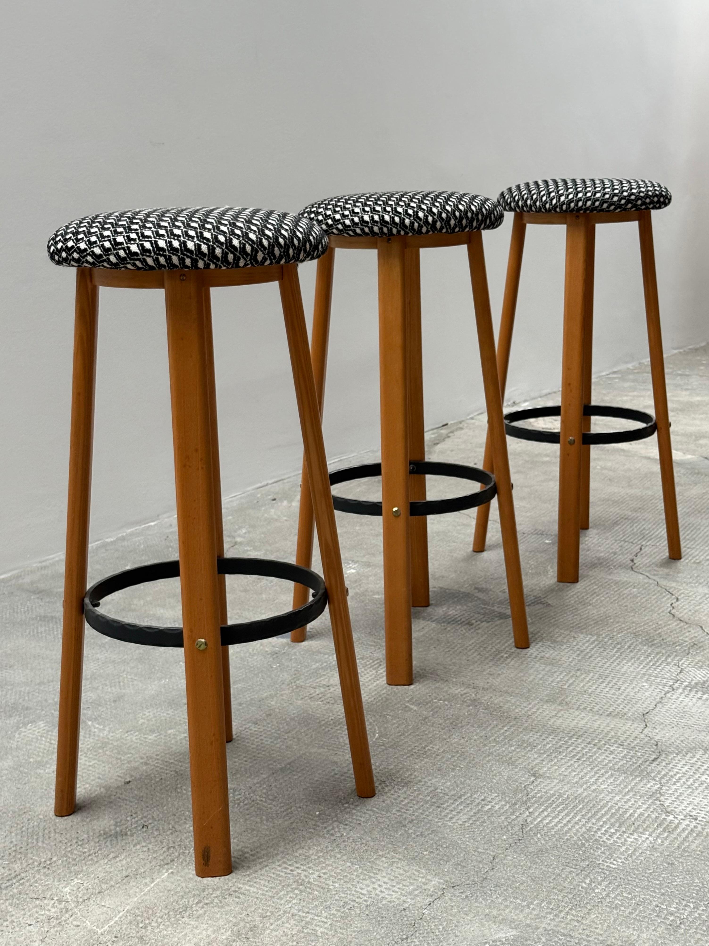 Textile SET OF 3 BAR STOOLS ASH WOOD WROUGHT IRON, GERMANY 1970s For Sale
