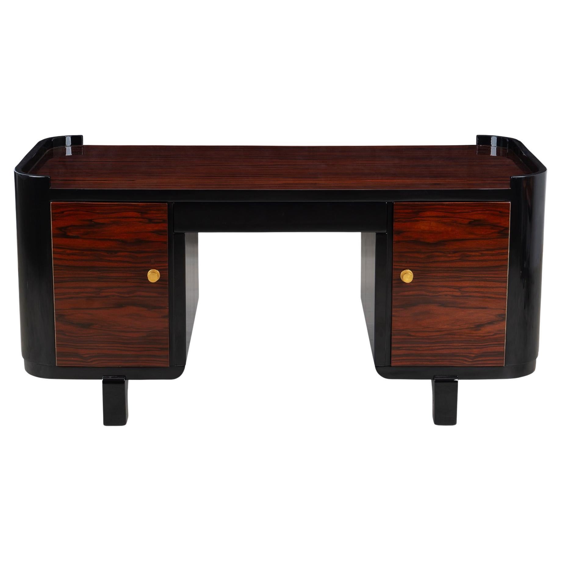 Scrivania direzionale Art-Deco francese in ebano Macassar lucido e ottone