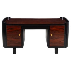 Scrivania direzionale Art-Deco francese in ebano Macassar lucido e ottone