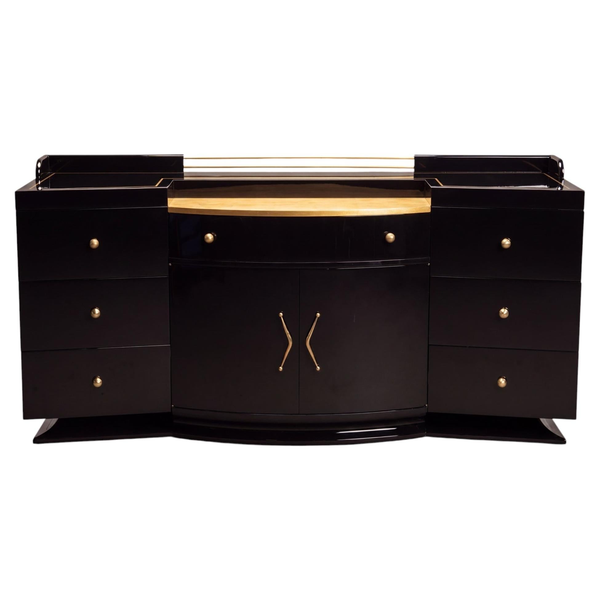 Meuble-bar Art déco en noir piano ultra-brillant, avec ferrures en laiton et feuille d'or