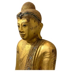 19e s. statue de Bouddha birman debout en bois doré - période Mandalay