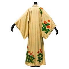 Japanese Silk Kimono in Soga-iro Yellow with Red Poppies, 20th Century