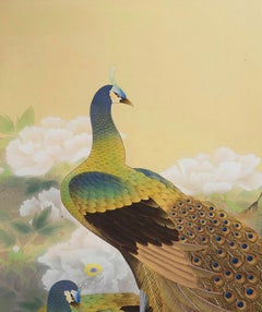 Japanese Hanging Scroll with Peacock and Peonies Signed by Kojima Renbun, Showa