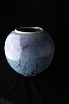 Japanese Studio Ceramic Vase by Oshio Tadashi, Blue Glaze, Nara, 20th Century