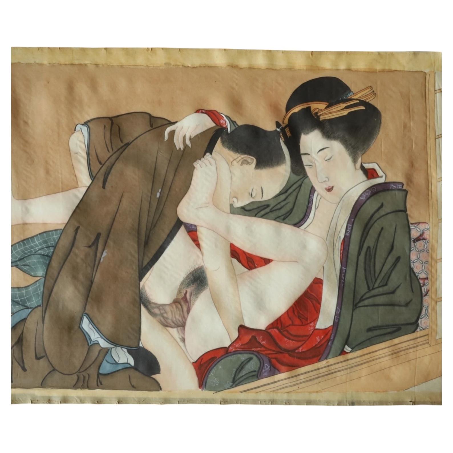 19th c. Japanese Shunga Painting on Silk, Edo Period, Erotic Art, original box For Sale