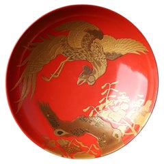 Pair of Sake Cups, Red Lacquer with Gold Makie of Phoenix and Paulownia (Kiri-Ho