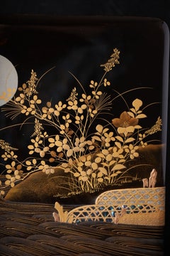 Meiji Period Lacquer box with Gold/Silver Maki-e of Flowing Water, Moon, Autumn