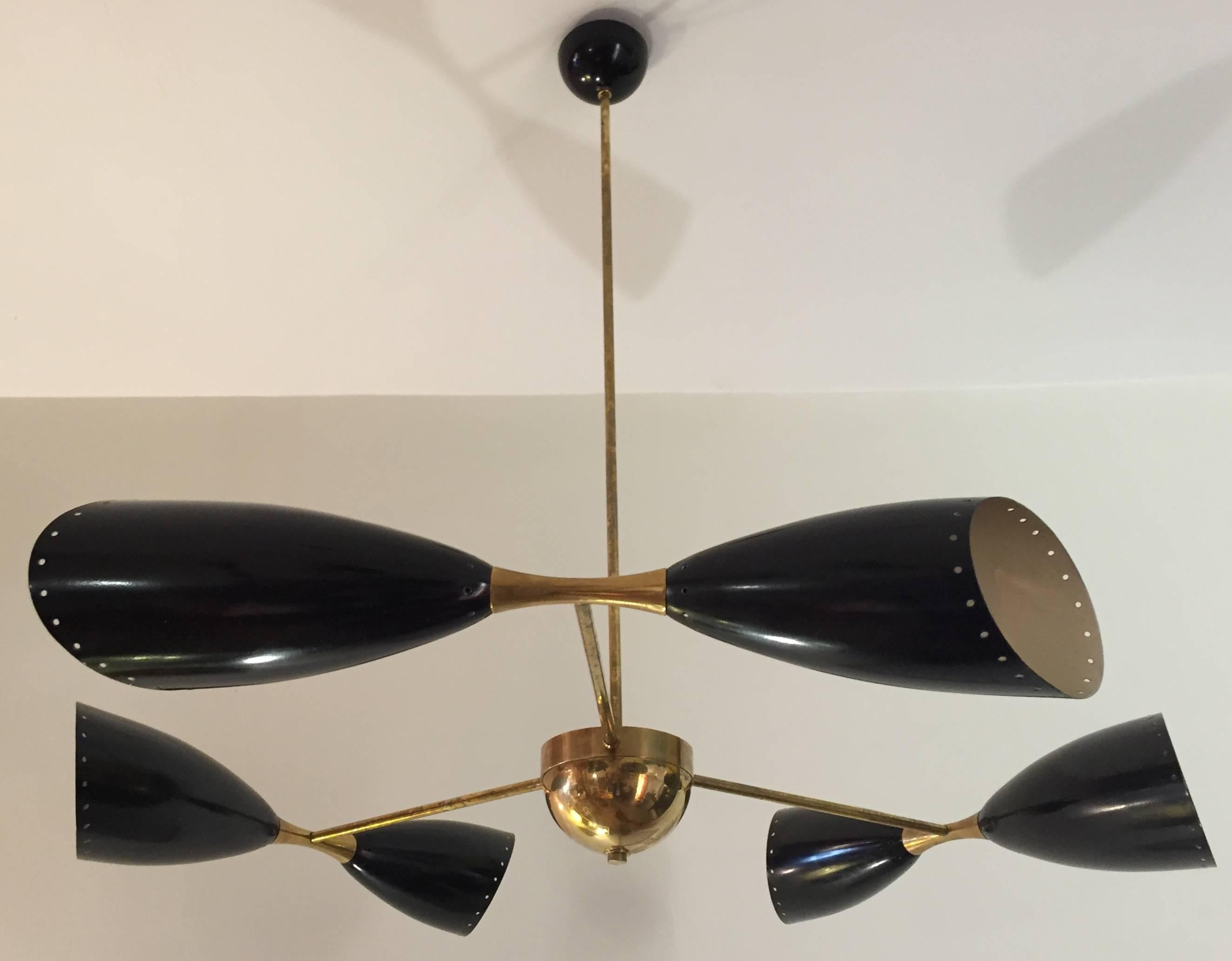 Mid-Century Modern Stilnovo Style Brass Chandelier