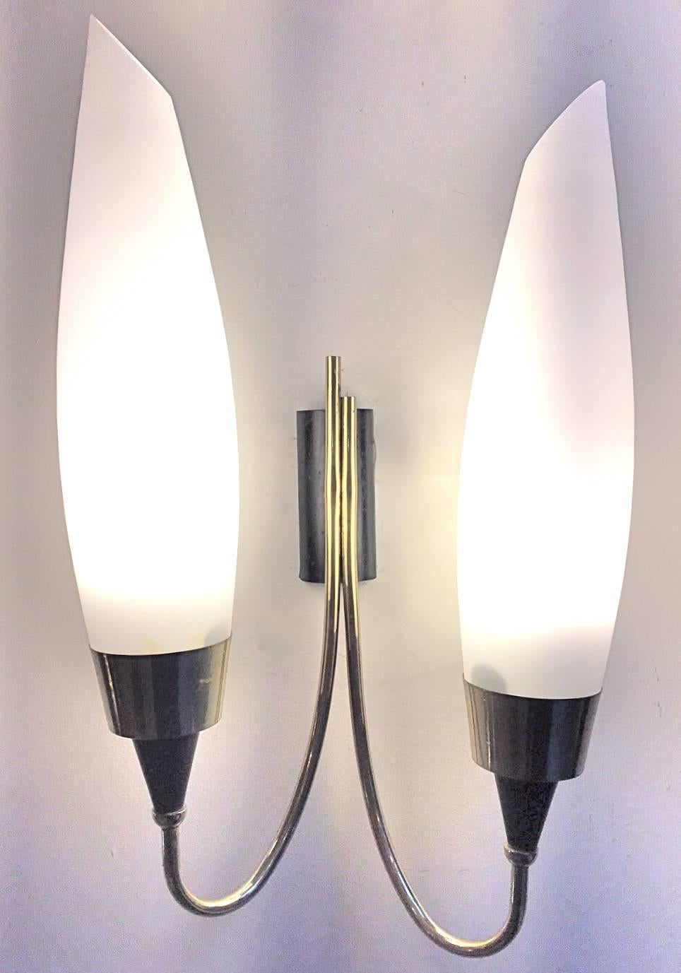 A pair of Italian sconces brass hardware and Murano frosted glass shades. Edited in the 1950s.