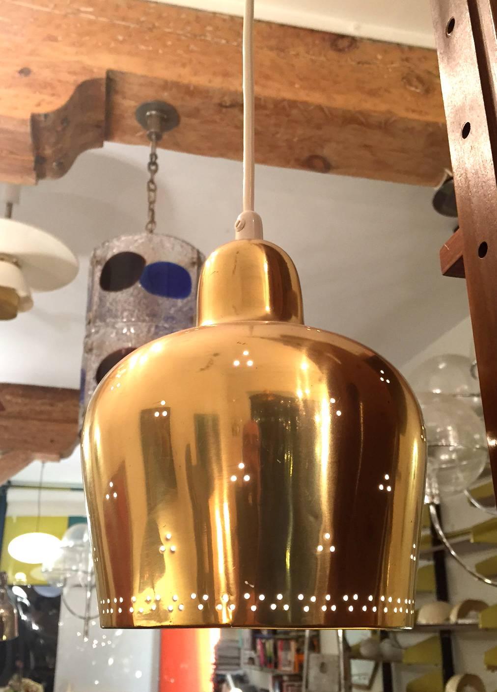 Finnish Paavo Tynell and/or Alvar Aalto Perforated Brass Pendant Light for Taito Oy