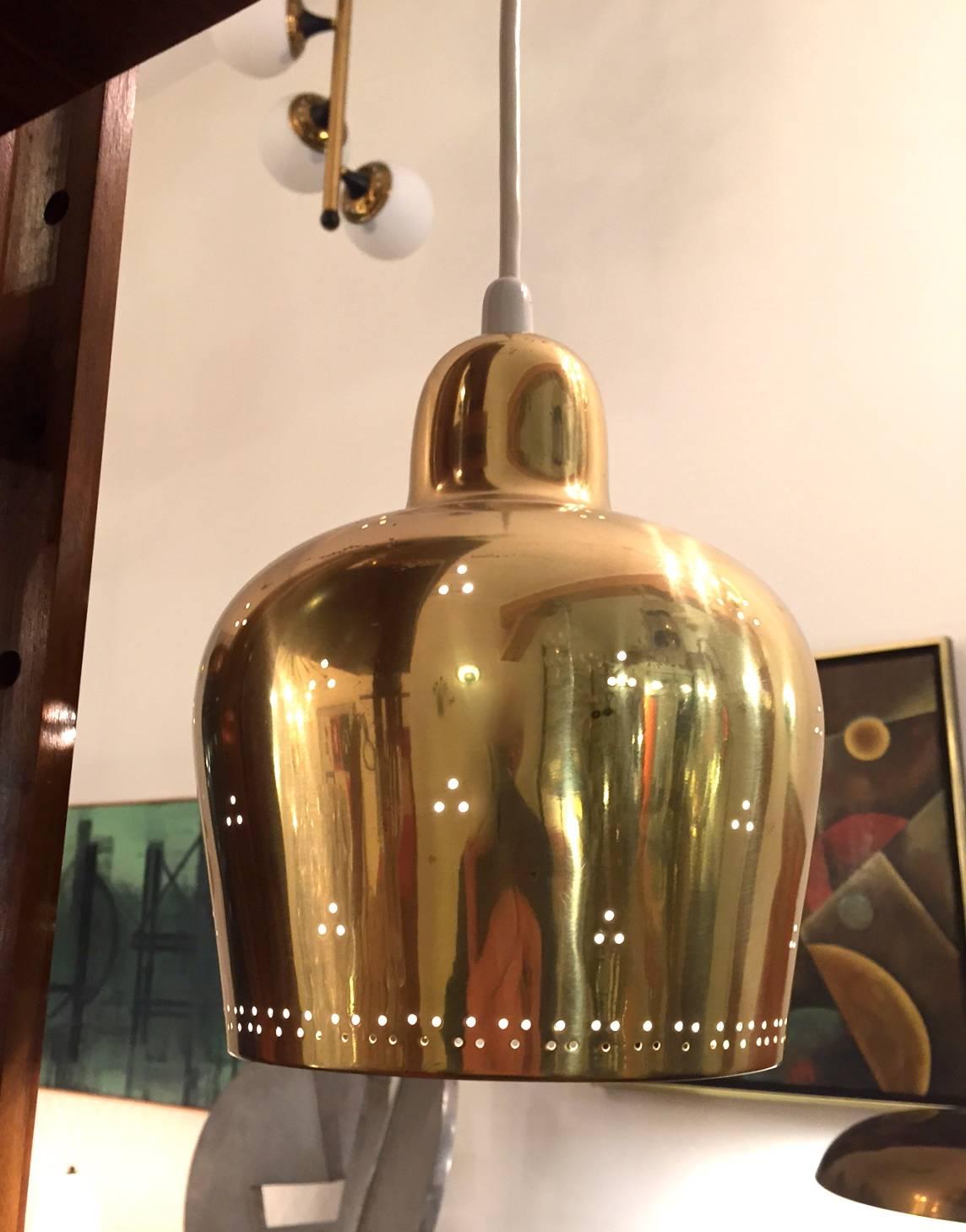 Paavo Tynell and/or Alvar Aalto Perforated Brass Pendant Light for Taito Oy In Excellent Condition In Madrid, ES