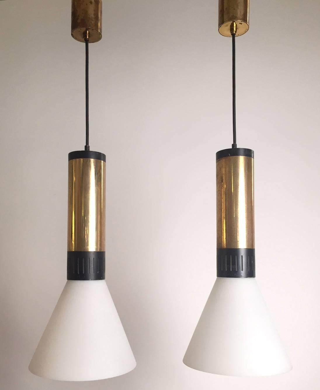 Mid-Century Modern Pair of Stilnovo Frosted Glass and Brass Pendants, Model 