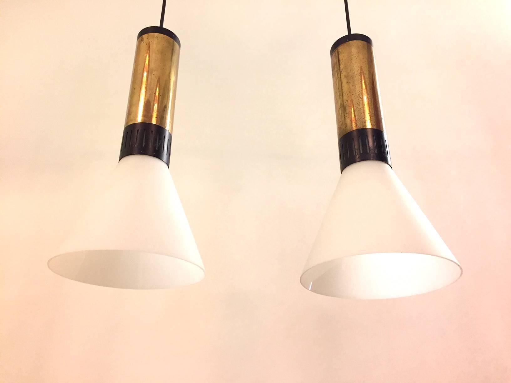 Pair of Stilnovo Frosted Glass and Brass Pendants, Model 