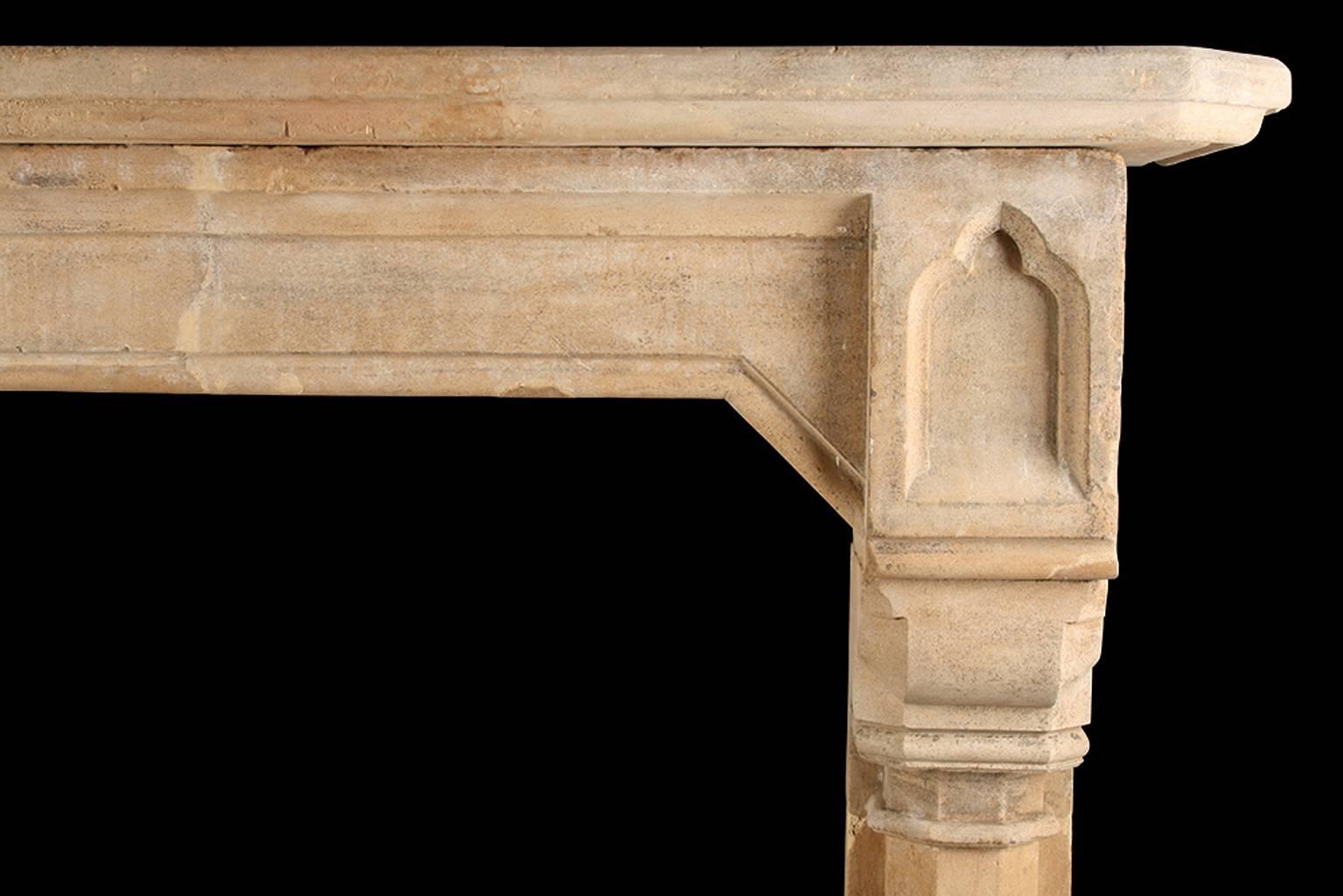 Antique Gothic Tudor Revival chimneypiece.

An outstanding antique Victorian Gothic Tudor Revival chimneypiece in English bathstone with attractively shaped mouldings, English, 19th century.

Depth: 14 1/2