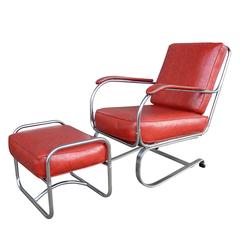 Incredible Red Vinyl Lounge Chair with Ottoman, circa 1940
