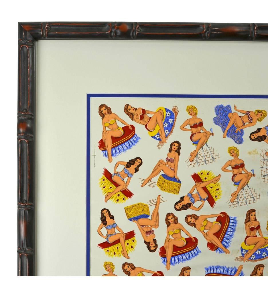 This unusual piece of framed wall decor is actually a sheet of uncut, NOS (new old stock) transfer decals. A fun piece of Mid-Century kitsch, the array of bikini-clad beach babes would have been cut-out and individually transferred to barware in the