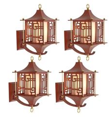 Set of Four Chinese-Themed Cast Wall Lanterns, circa 1950s