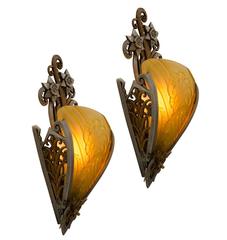 Vintage Pair of Polychrome Slipper Shade Sconces with Pierced Sides, circa 1935