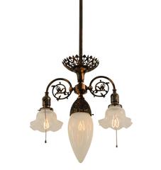 Empire Three-Light Chandelier with Straw Opalescent Shades, circa 1900