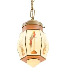 Antique Classic Pendant with Bird-Themed Painted Shade, circa 1925