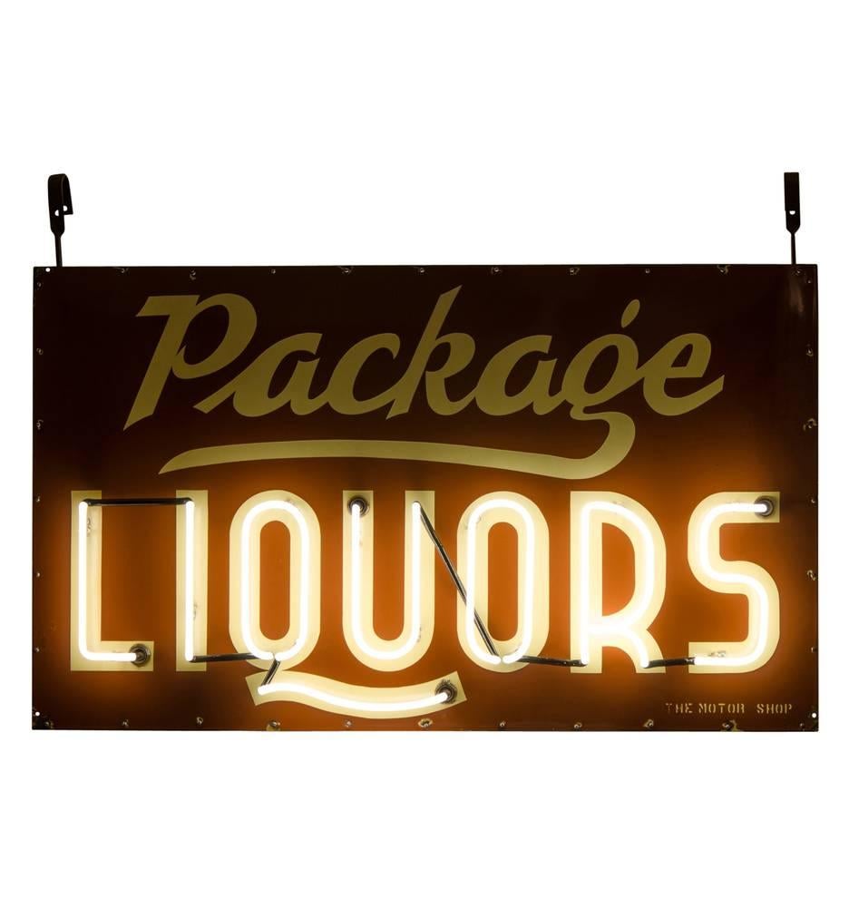 Industrial Large Package Liquors Neon Sign with Porcelain Faceplates, circa 1940s