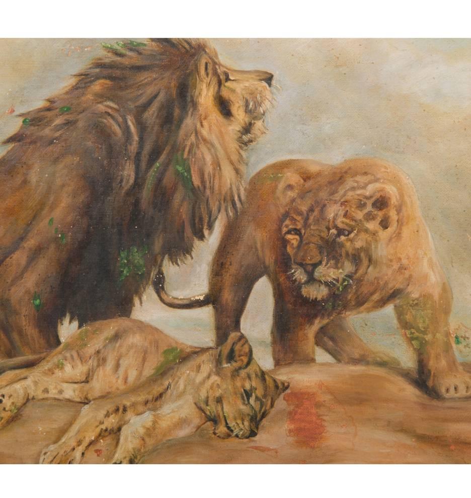 Mid-Century Modern Framed Family of Lions Painting, circa 1940 For Sale