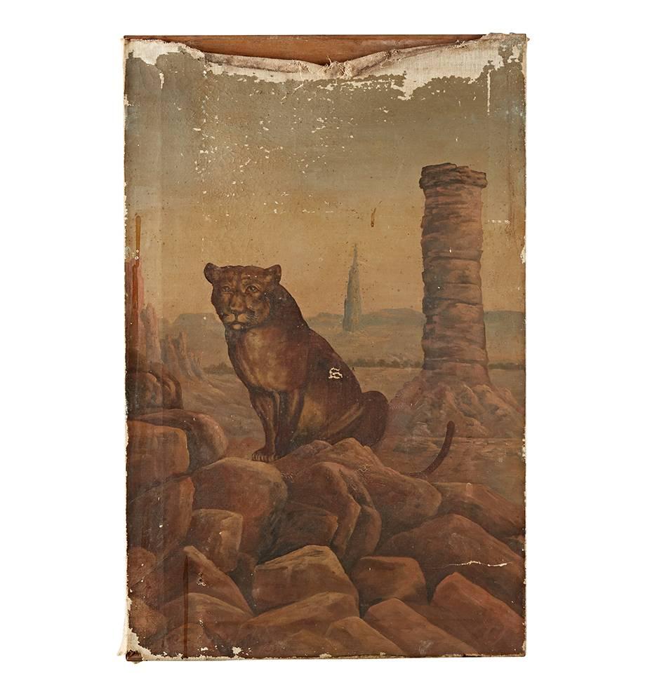 Original Oil Painting of Mountain Lion with Ripped Canvas, circa 1920s For Sale