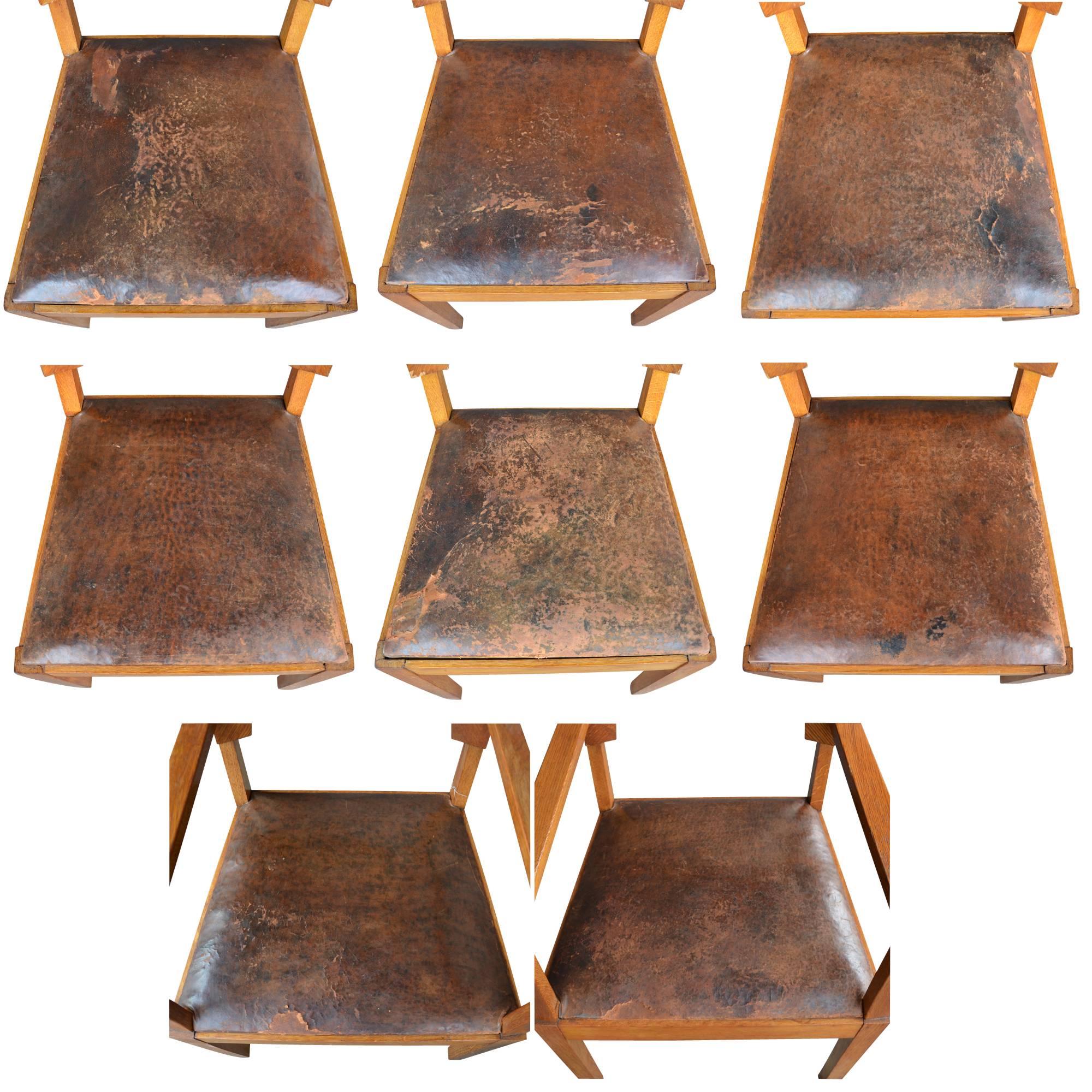 Set of Eight Oak and Leather Art Deco Dining Chairs, circa 1930 In Distressed Condition In Portland, OR