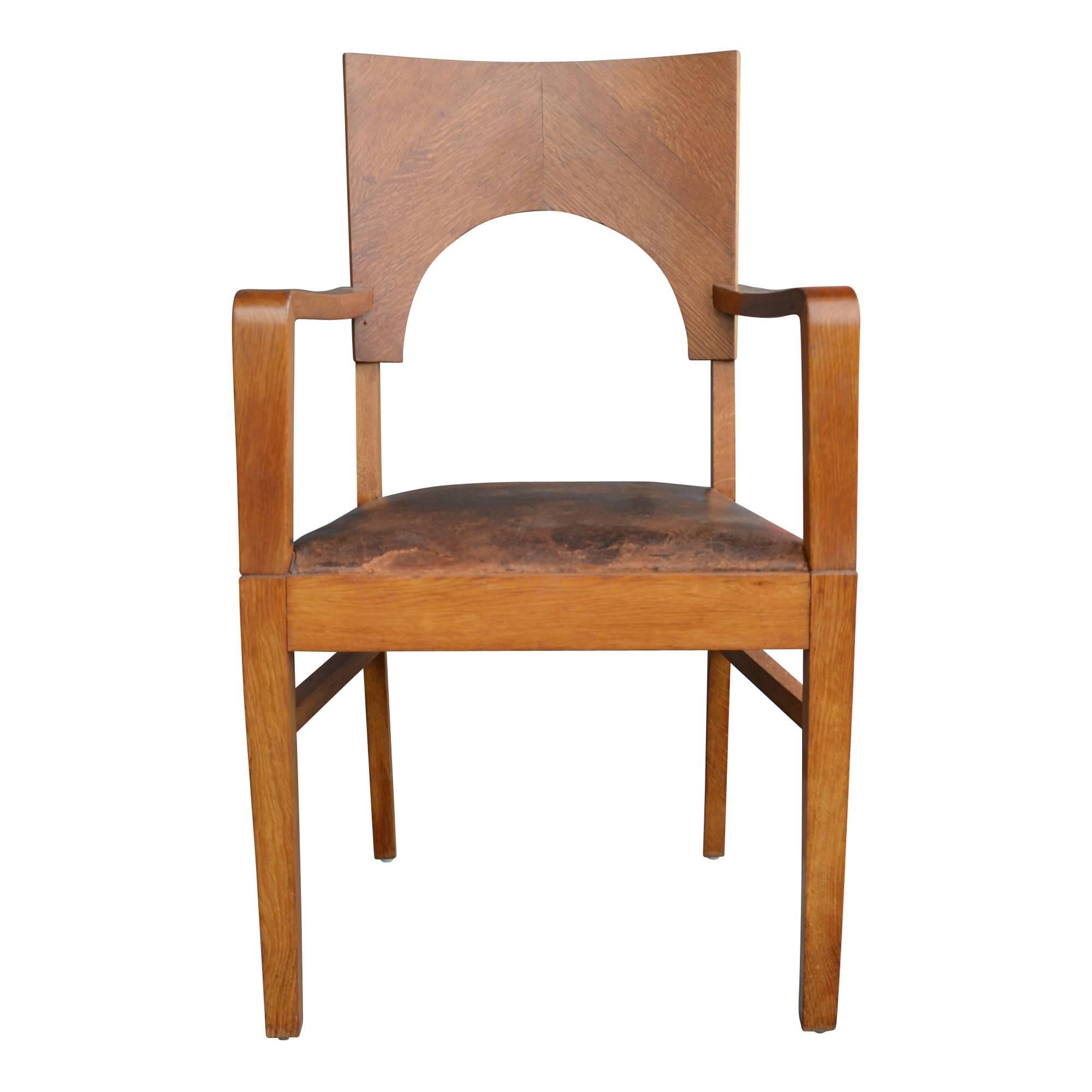 American Set of Eight Oak and Leather Art Deco Dining Chairs, circa 1930