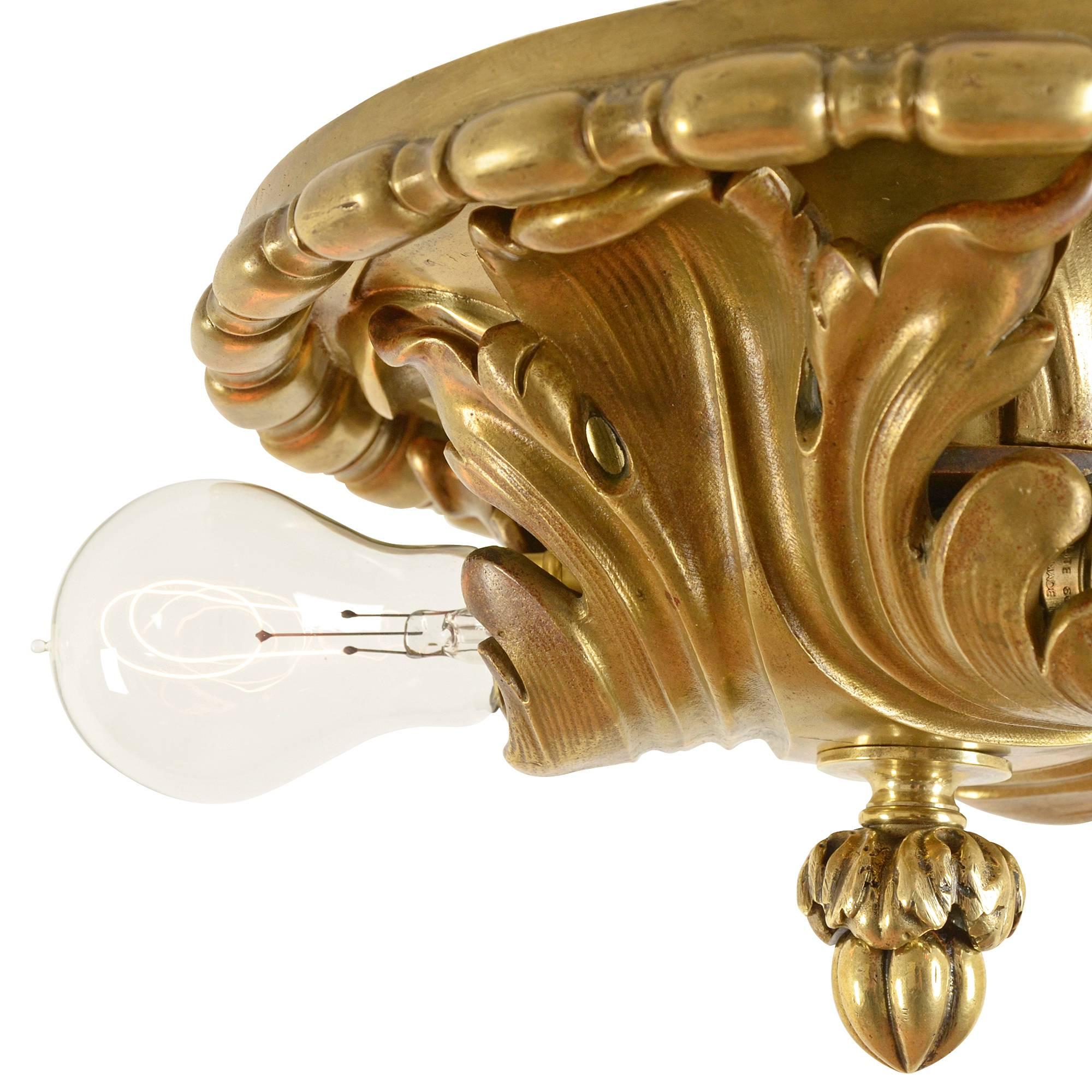 American Classical Cast Brass Acanthus Leaf Flush Mount by E.F. Caldwell, circa 1905