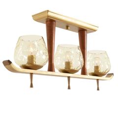 Modern Three-Light Teak and Brass-Toned Fixture, circa 1965