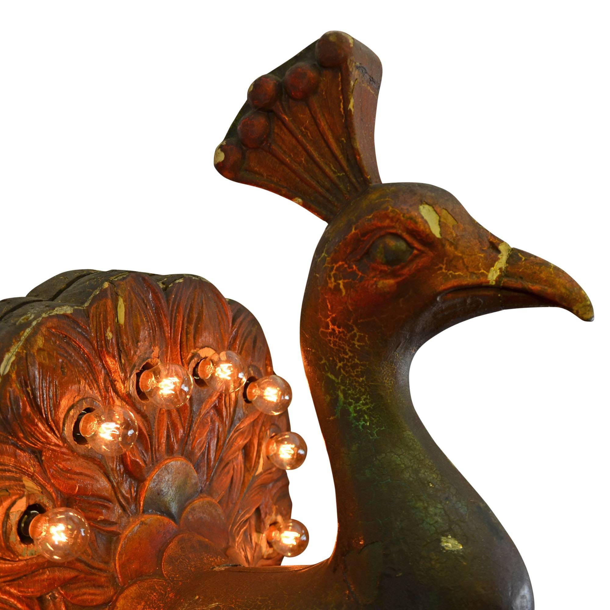 Early 20th Century Hand-Carved Illuminated Peacock Statue, circa 1910
