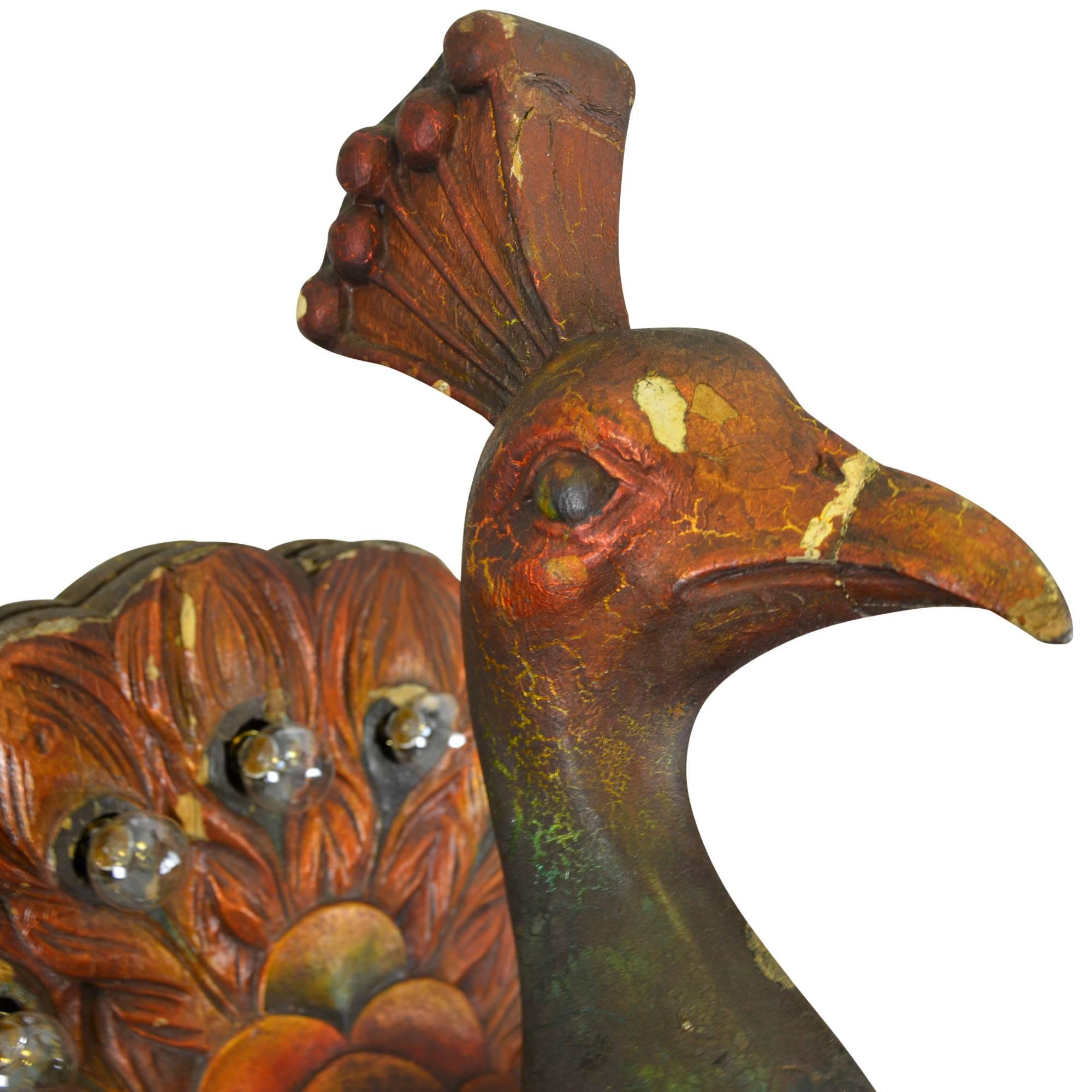 Hand-Carved Illuminated Peacock Statue, circa 1910 In Excellent Condition In Portland, OR